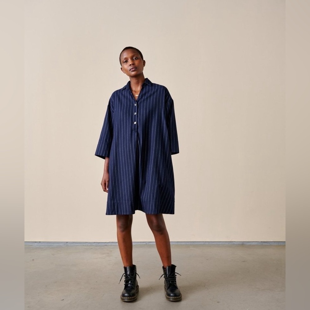 New! Bellerose Atelier Pine Stripe Navy Oversized Dress — image 3 of 8